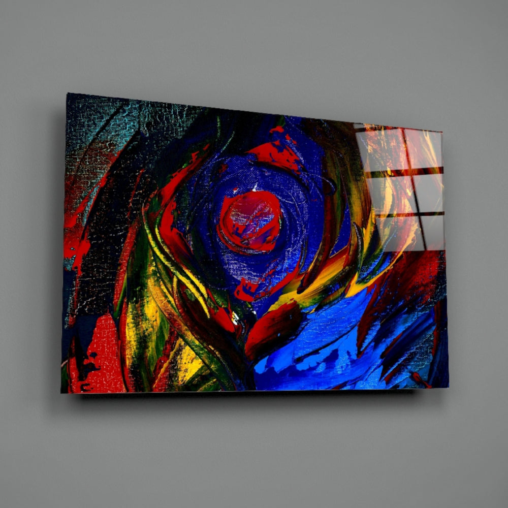 Cobalt Vortex close-up showing impasto ribbons of crimson and lemon