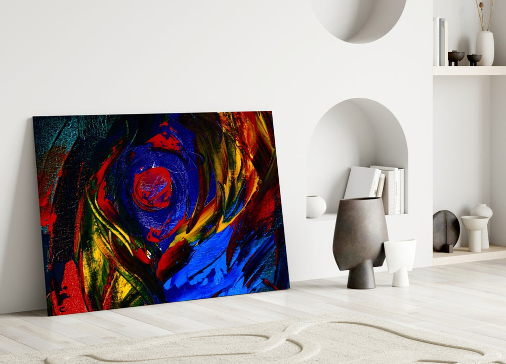 Cobalt Vortex glass wall art styled above a sofa in a creative office