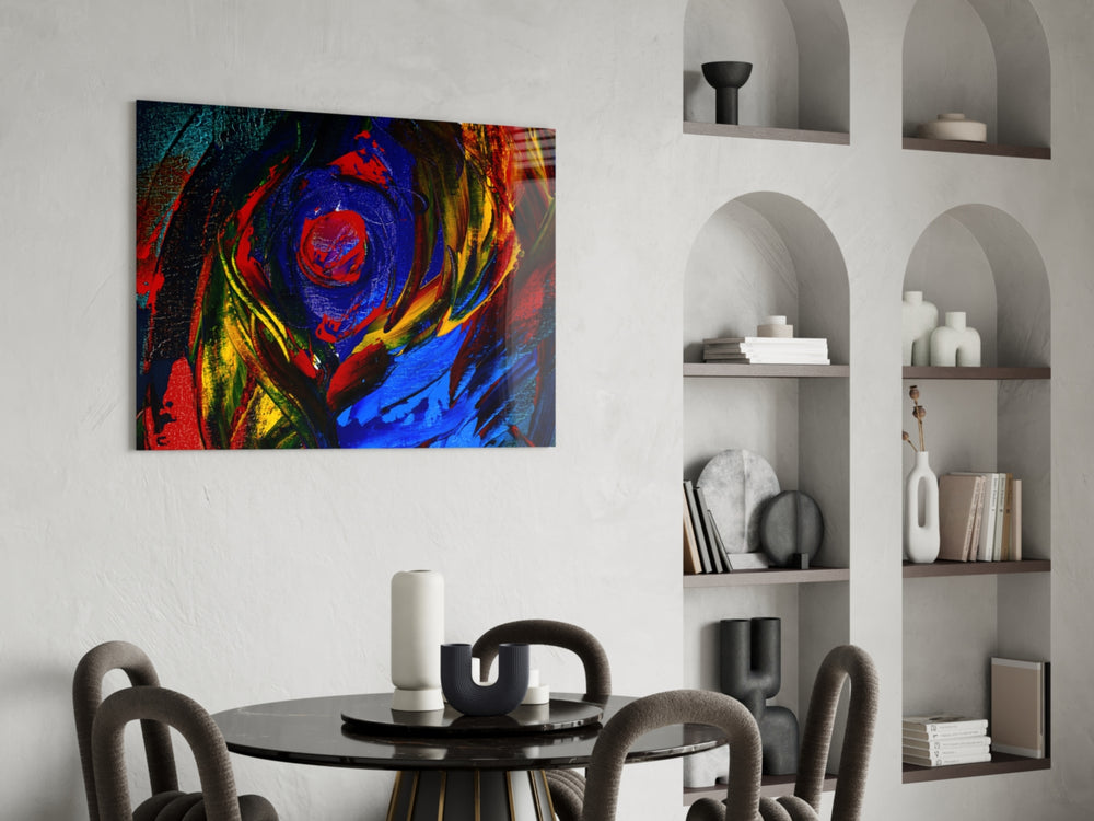 Cobalt Vortex glass print enhancing a man's office with cinematic drama