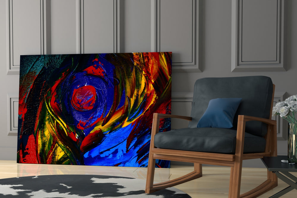 Cobalt Vortex artwork anchoring a wall with bold expressionist palette