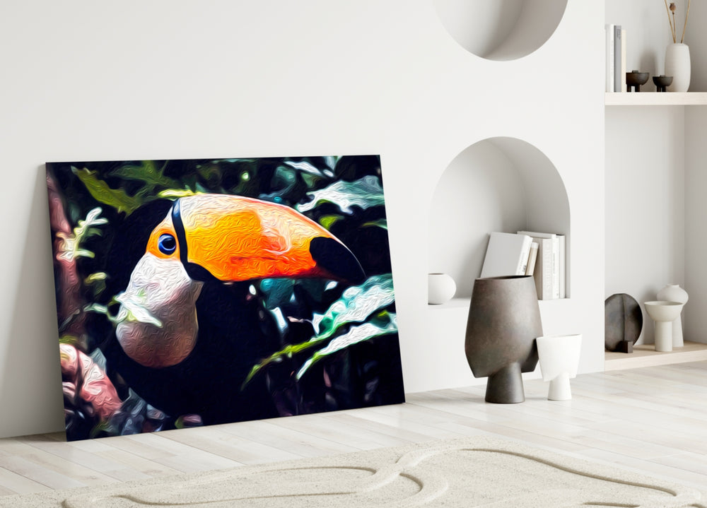 Toco Toucan glass wall art styled above a sofa in a living room