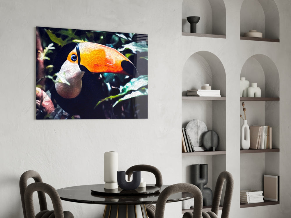 Toco Toucan glass print enhancing a dining room with cinematic drama