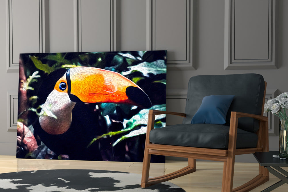 Toco Toucan artwork anchoring a wall with tropical vibrant palette