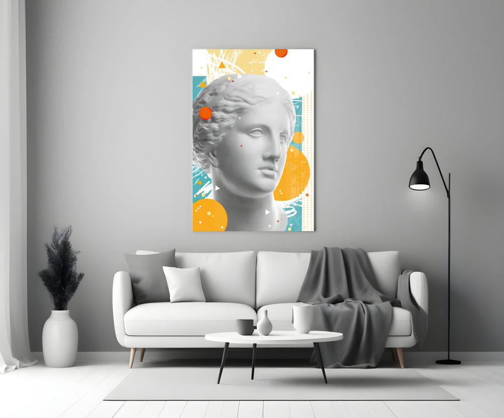 Venus Collage glass wall art styled above a sofa in a living room
