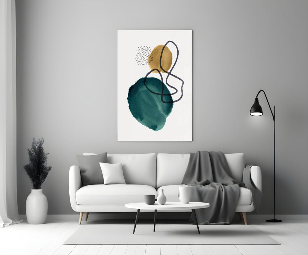 Teal Stack glass wall art styled above a credenza in a bathroom