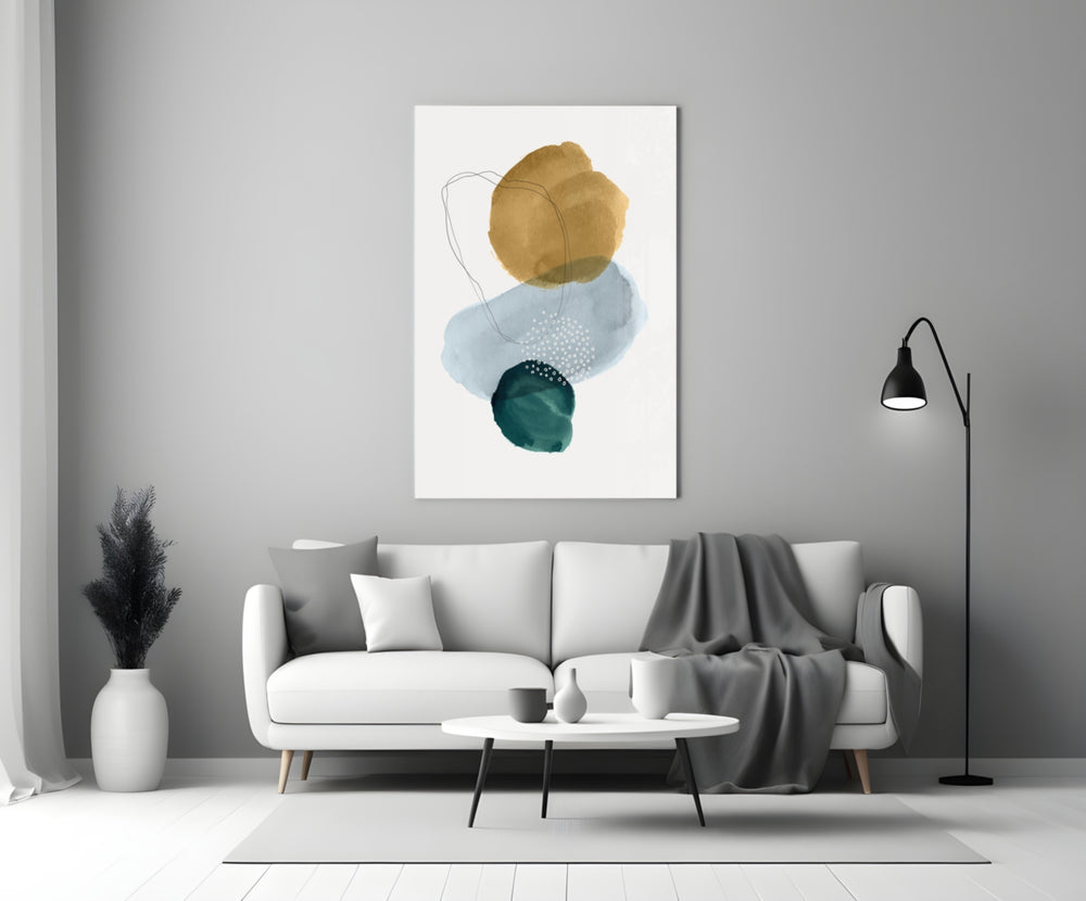 Ochre Stack glass wall art styled above a credenza in a living room