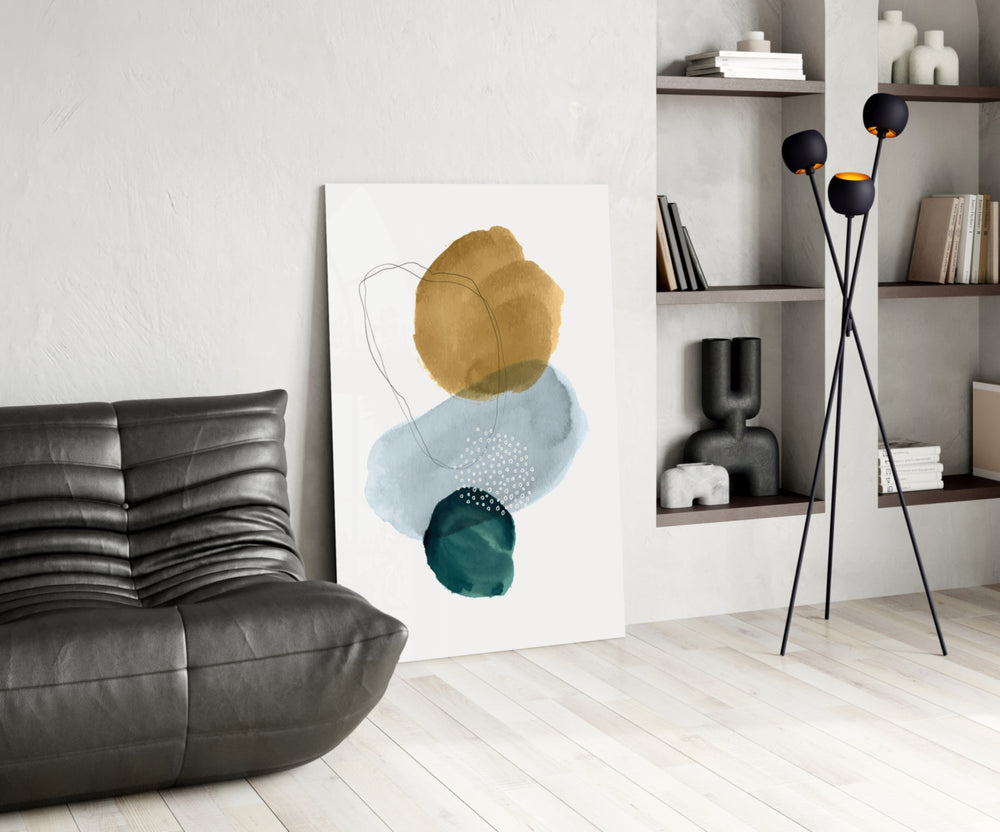 Ochre Stack glass print enhancing a bedroom with editorial drama