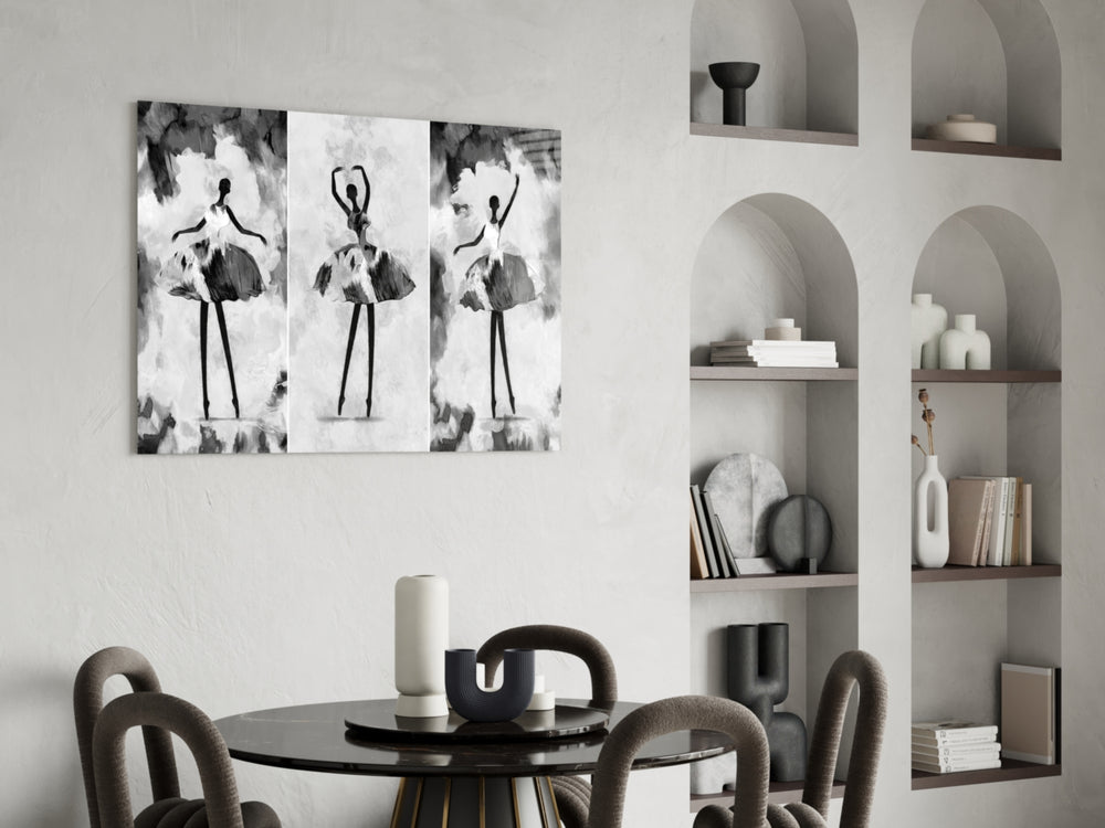 Ballet Triptych glass print enhancing a dressing area with cinematic drama