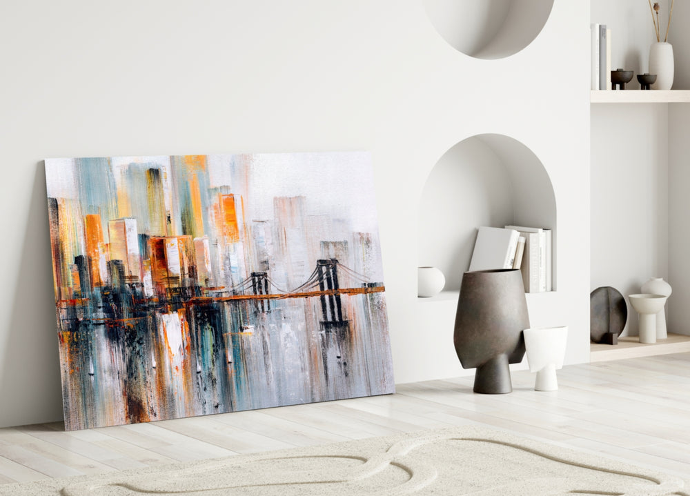 Brooklyn Skyline glass wall art styled above a sofa in a living room