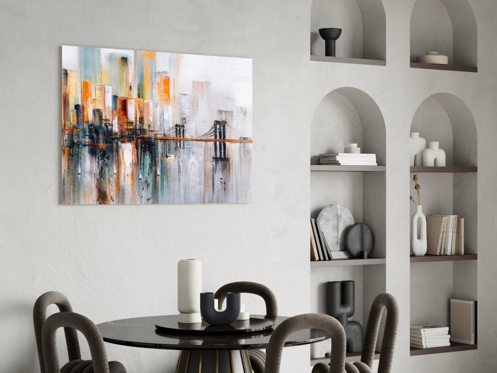Brooklyn Skyline glass print enhancing a dining room with cinematic drama