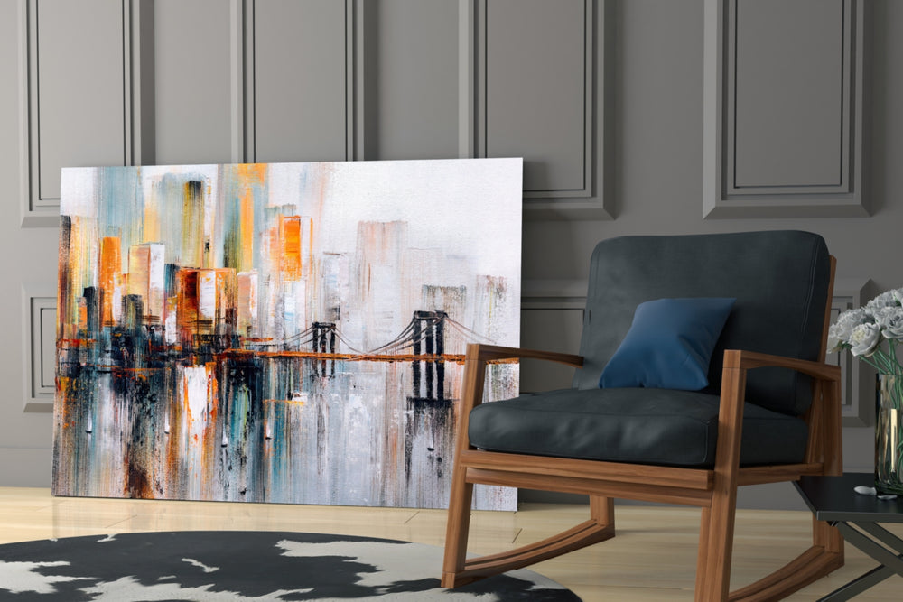 Brooklyn Skyline artwork anchoring a wall with urban impressionist palette