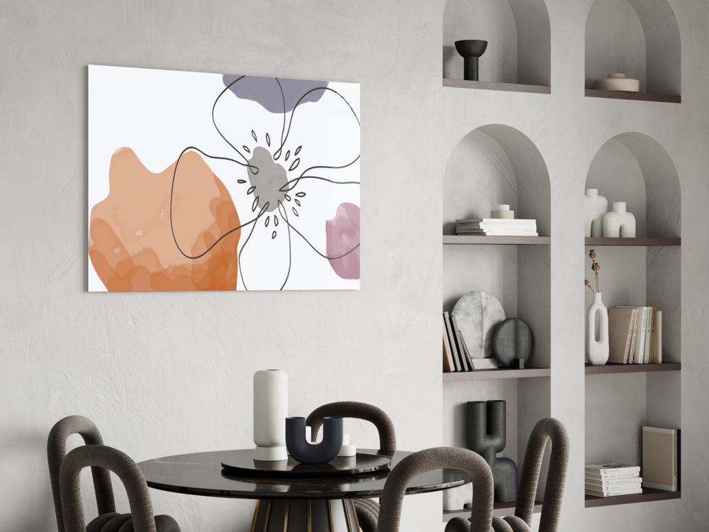 Scandi Bloom glass print enhancing a powder room with editorial drama
