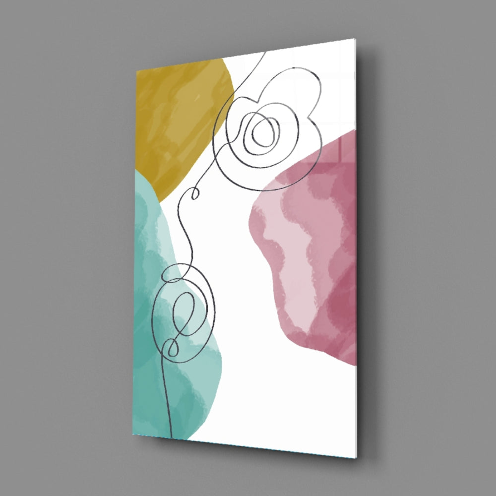 Pastel Drift close-up showing mustard disc beside teal and rose shapes