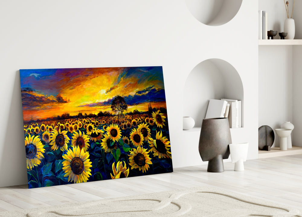Sunflower Sunset glass wall art styled above a console in a dining room