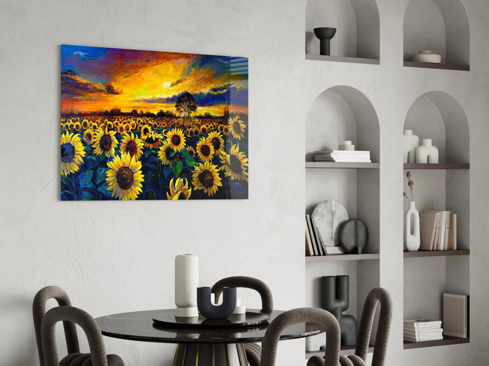 Sunflower Sunset glass print enhancing a living room with cinematic drama