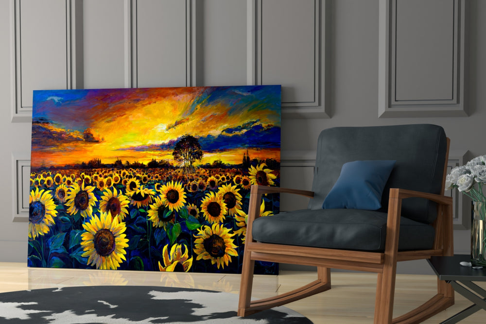 Sunflower Sunset artwork anchoring a wall with warm impressionist palette