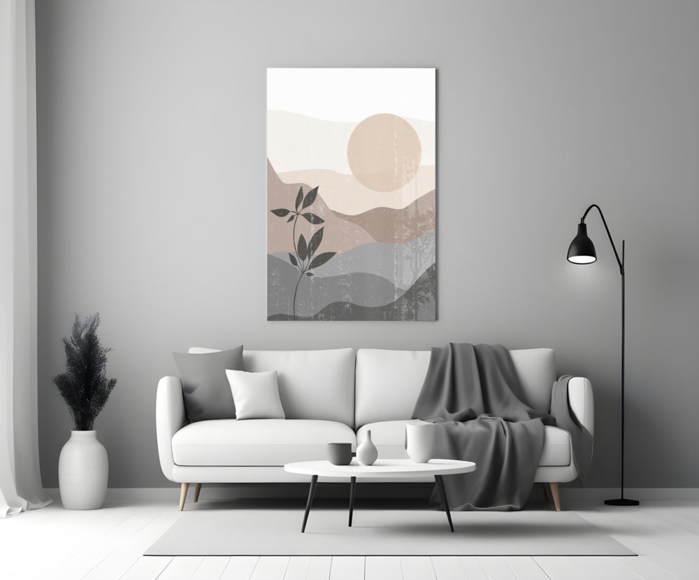 Nordic Hills glass wall art styled above a credenza in a master bedroom