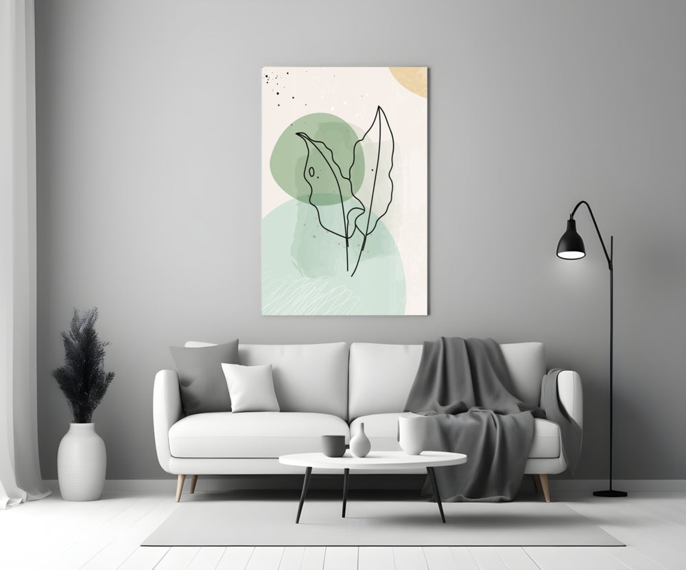 Sage Leaves glass wall art styled above a console in a bathroom