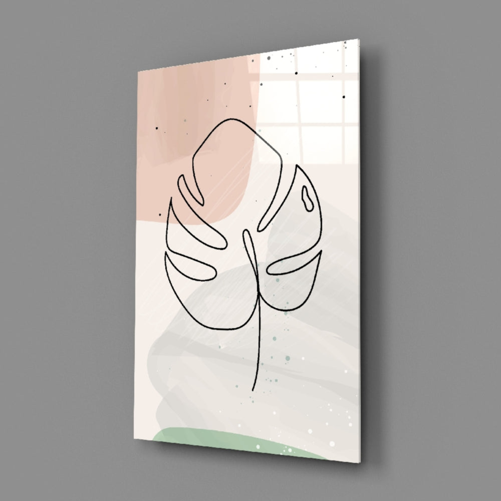 Line Monstera close-up showing line-drawn leaf over peach and sage washes