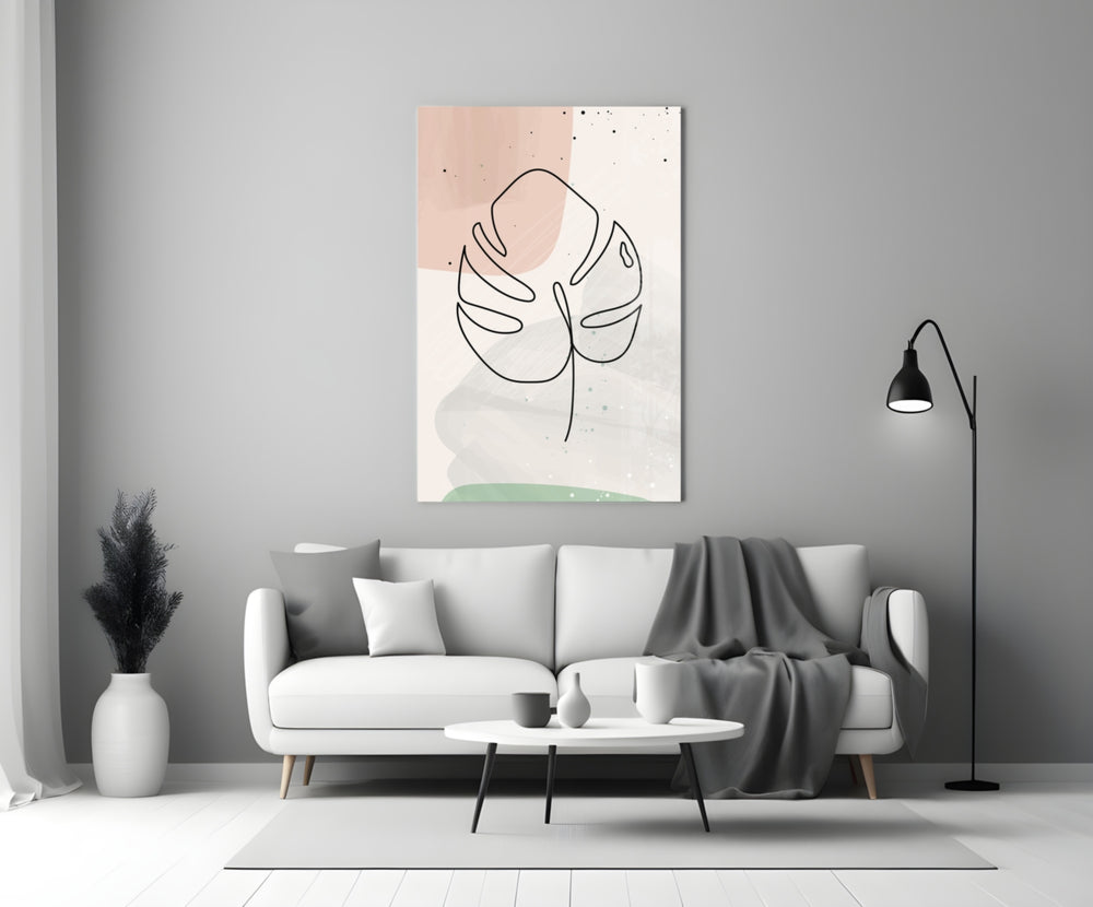 Line Monstera glass wall art styled above a bench in a hallway