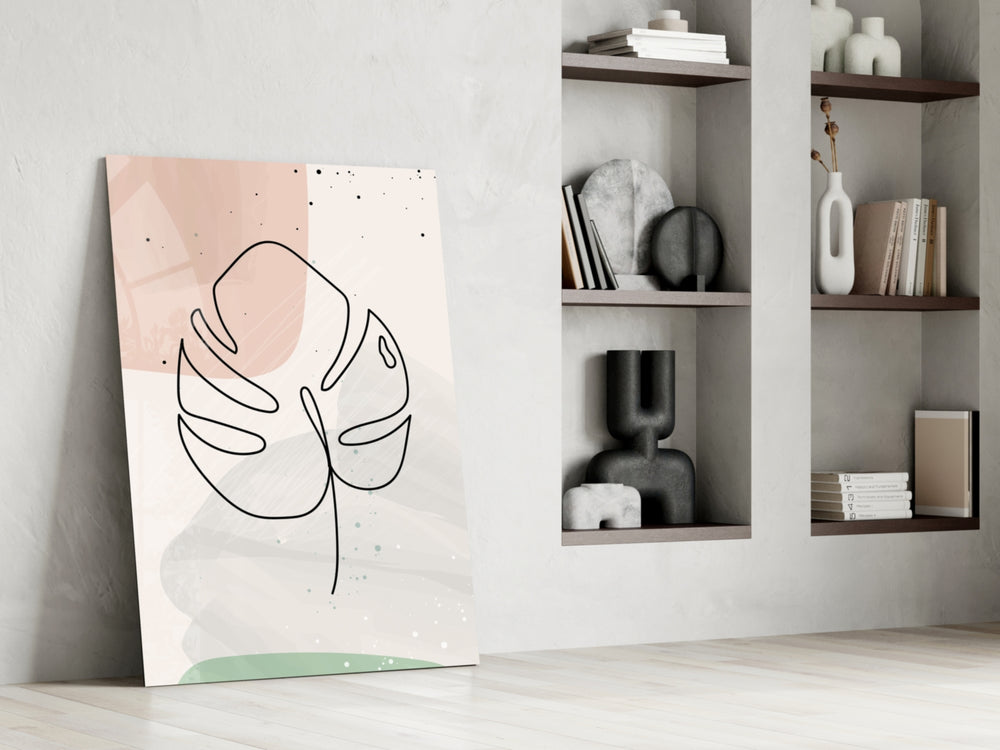 Line Monstera artwork anchoring a wall with scandi botanical palette