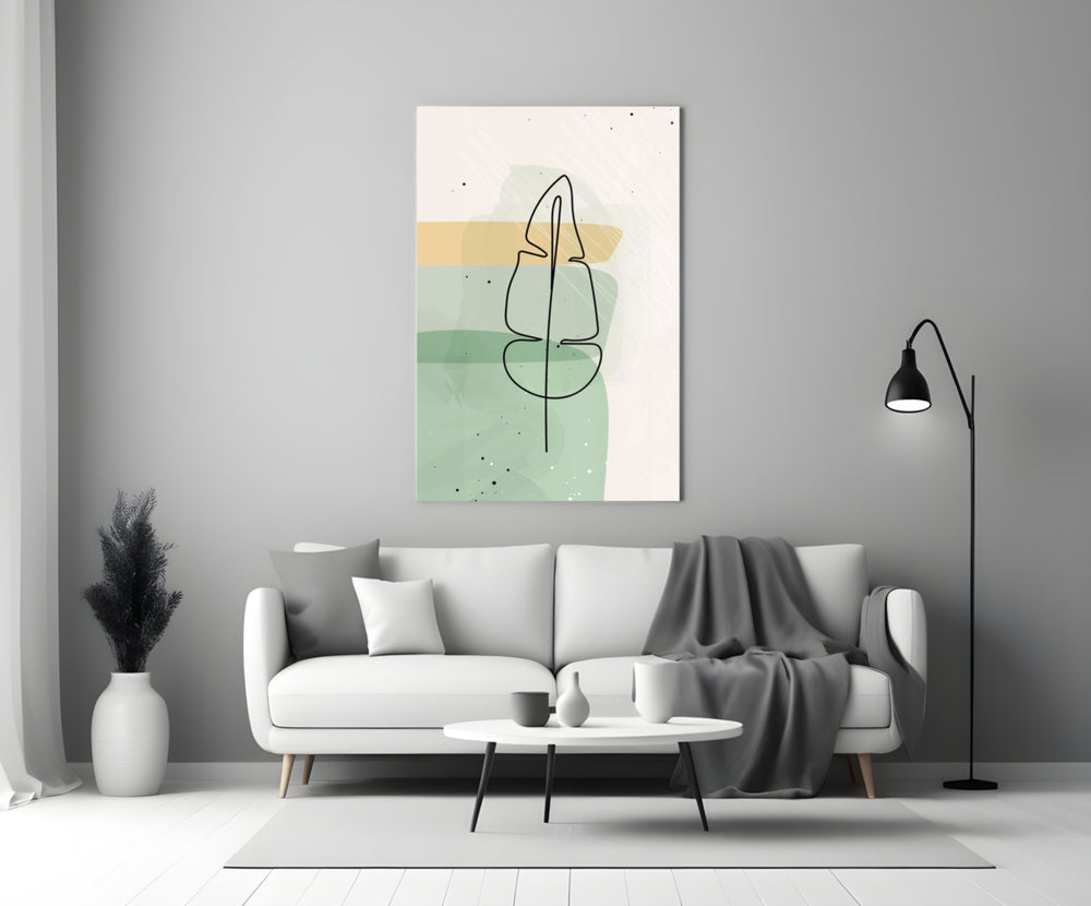 Line Tropical glass wall art styled above a credenza in a living room