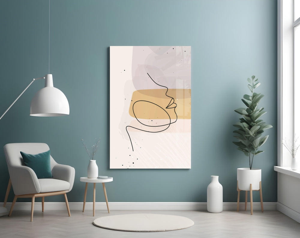 Mustard Line Portrait panel adding calm mood to a hallway