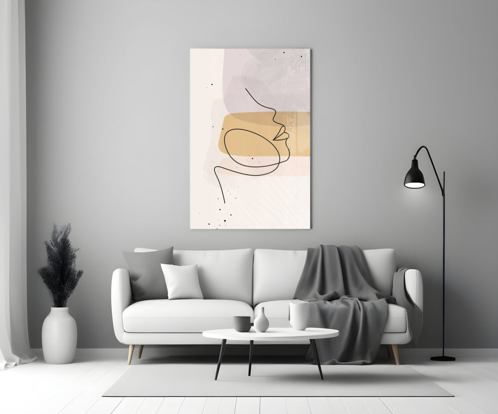 Mustard Line Portrait glass wall art styled above a bed in a master bedroom