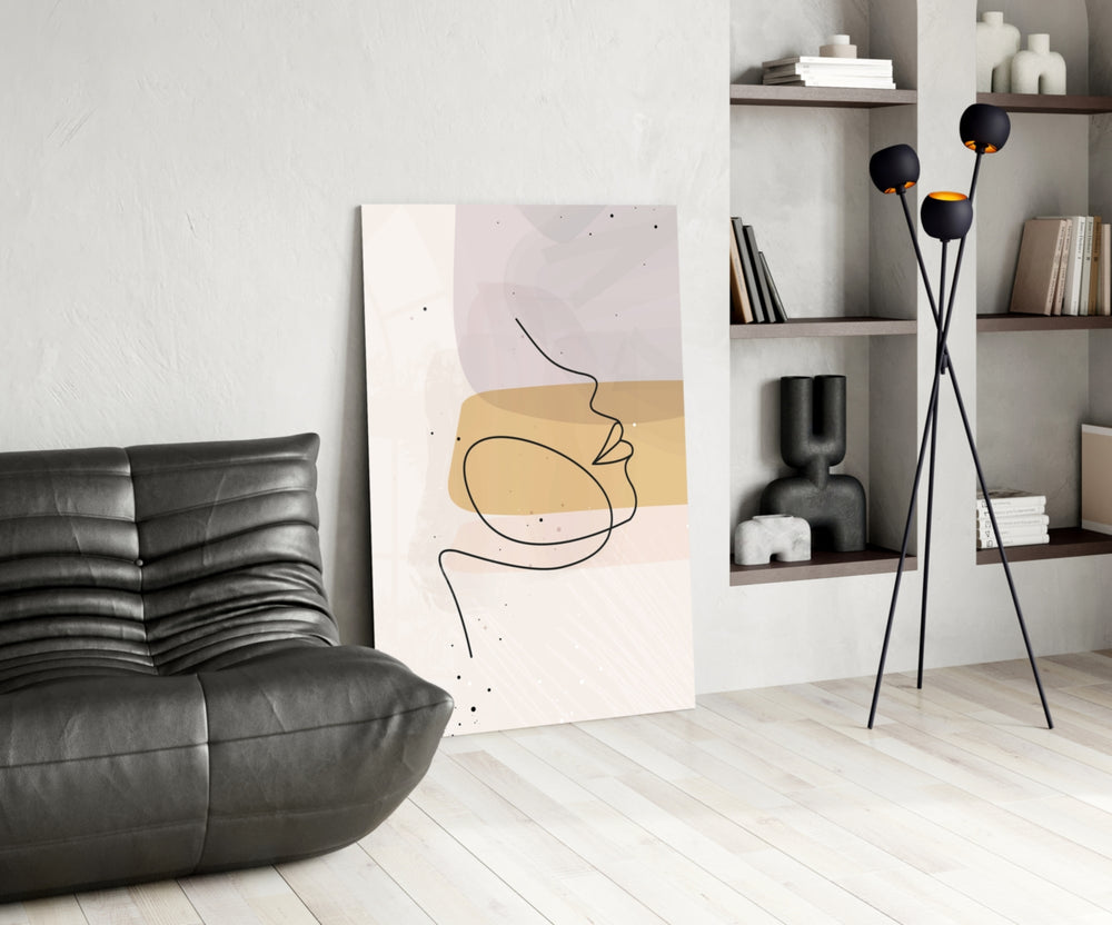 Mustard Line Portrait glass print enhancing a powder room with editorial drama