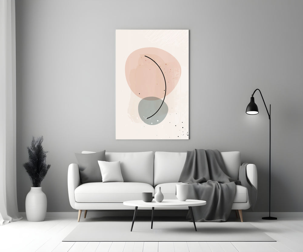 Peach Arc glass wall art styled above a credenza in a master bedroom