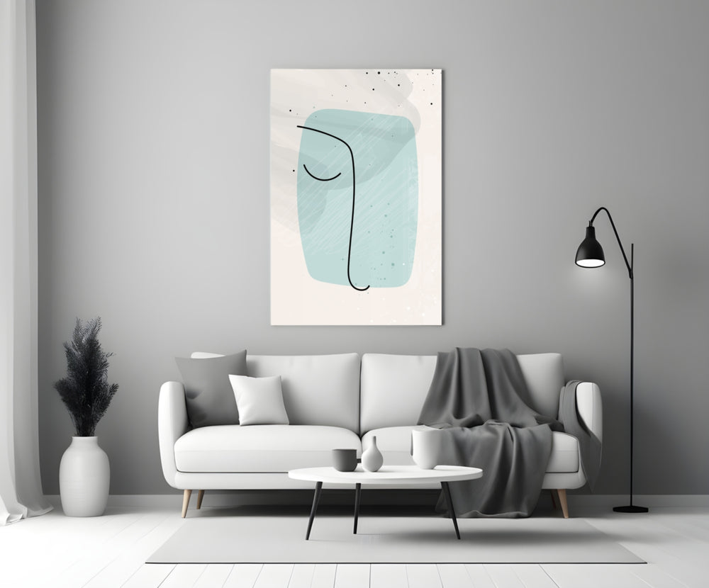 Mint Line Portrait glass wall art styled above a bench in a hallway