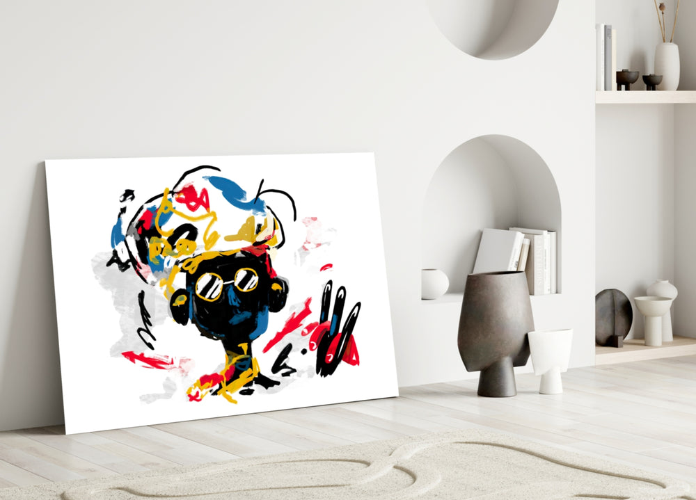 Street Mind glass wall art styled above a console in a creative office