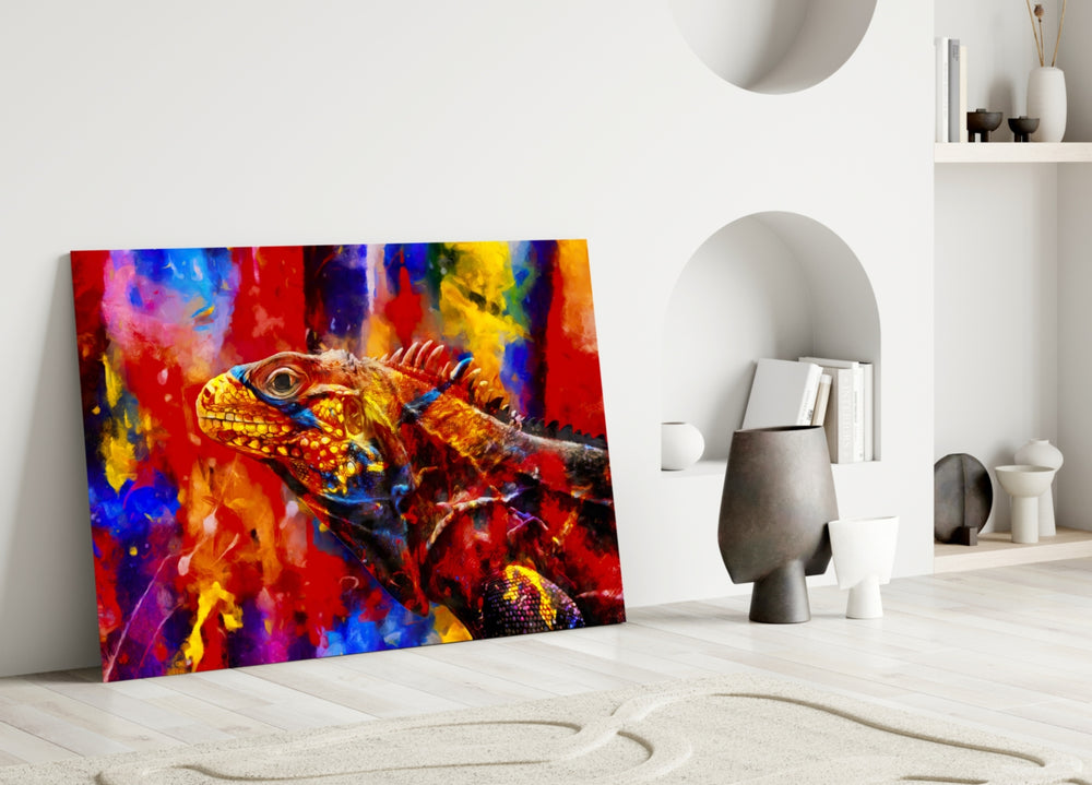 Vivid Iguana glass wall art styled above a sofa in a kids room