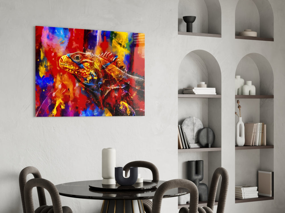 Vivid Iguana glass print enhancing a living room with cinematic drama