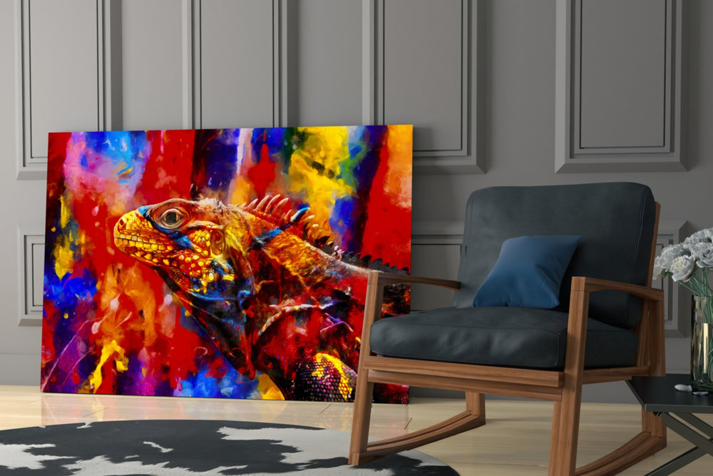 Vivid Iguana artwork anchoring a wall with bold exotic palette