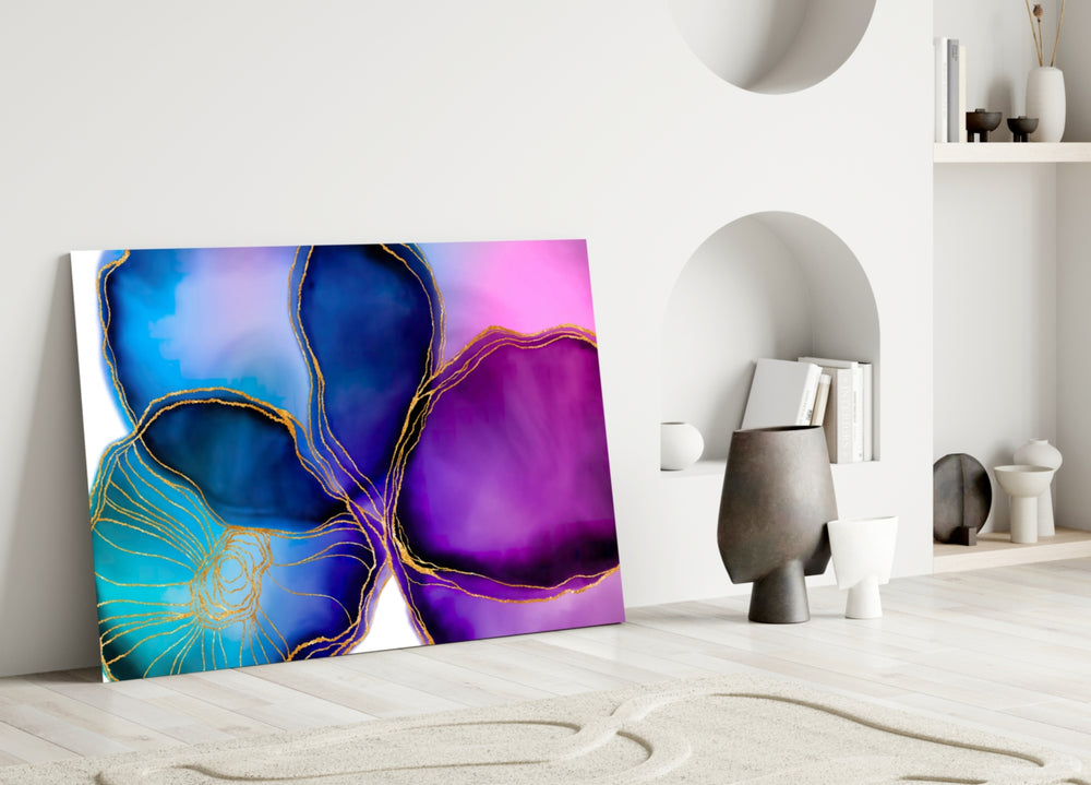 Jewel Bloom glass wall art styled above a sofa in a master bedroom