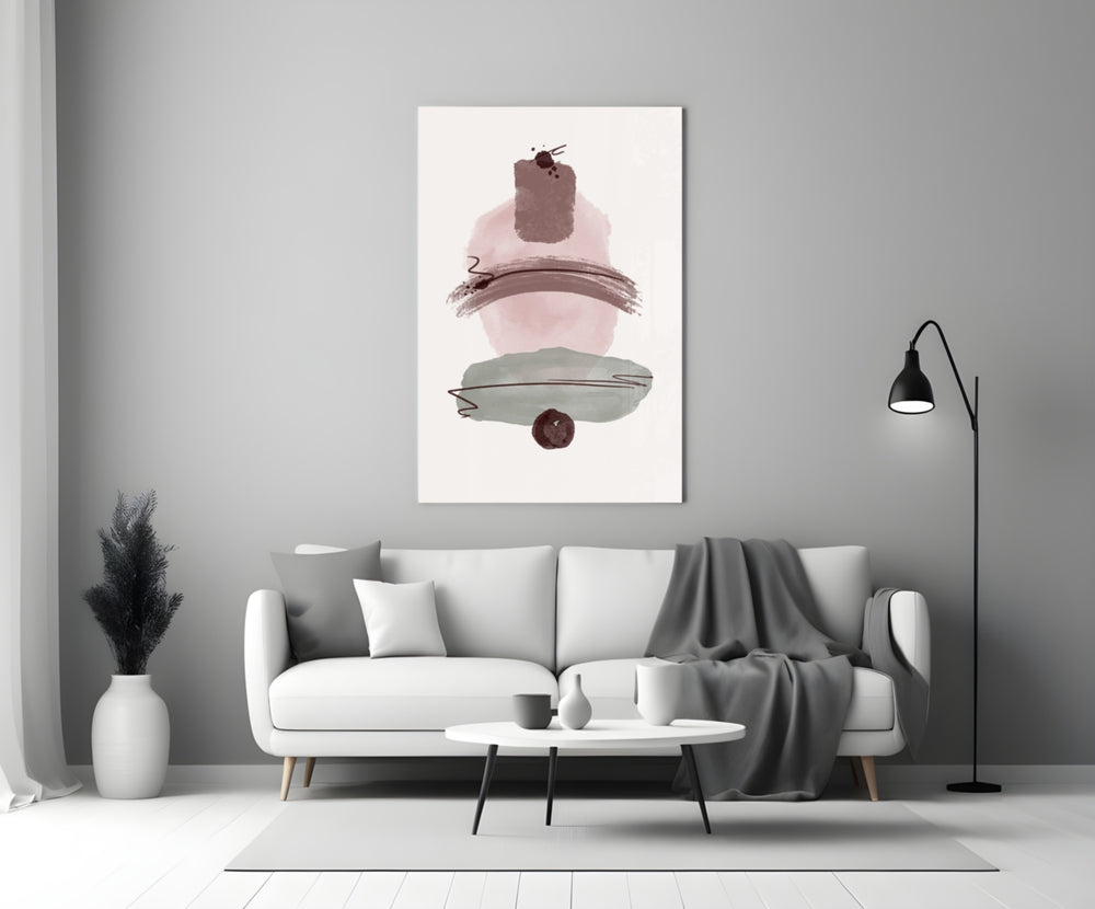 Wabi Mauve glass wall art styled above a sofa in a master bedroom