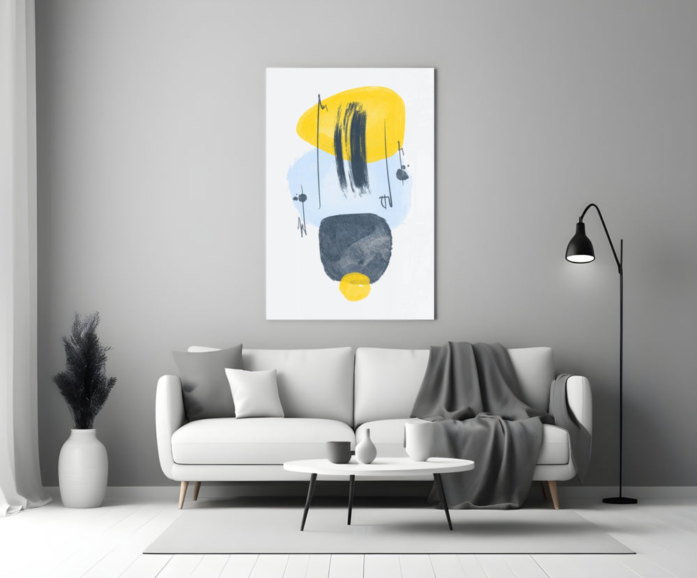 Mustard Wabi glass wall art styled above a credenza in a hallway