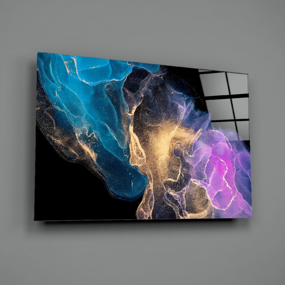 Cosmic Trio glass wall art styled above a sofa in a master bedroom