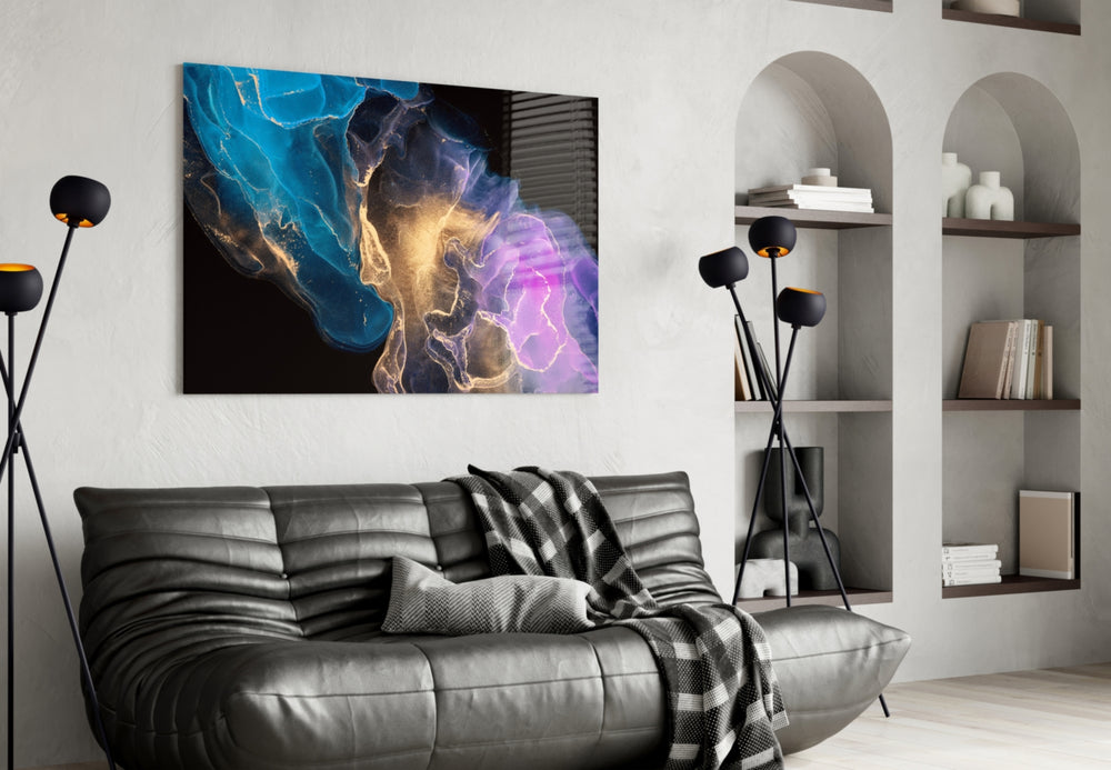 Cosmic Trio glass print enhancing a man's office with cinematic drama
