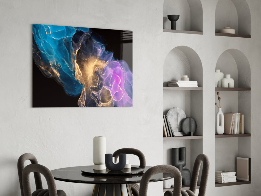 Cosmic Trio artwork anchoring a wall with cosmic jewel palette
