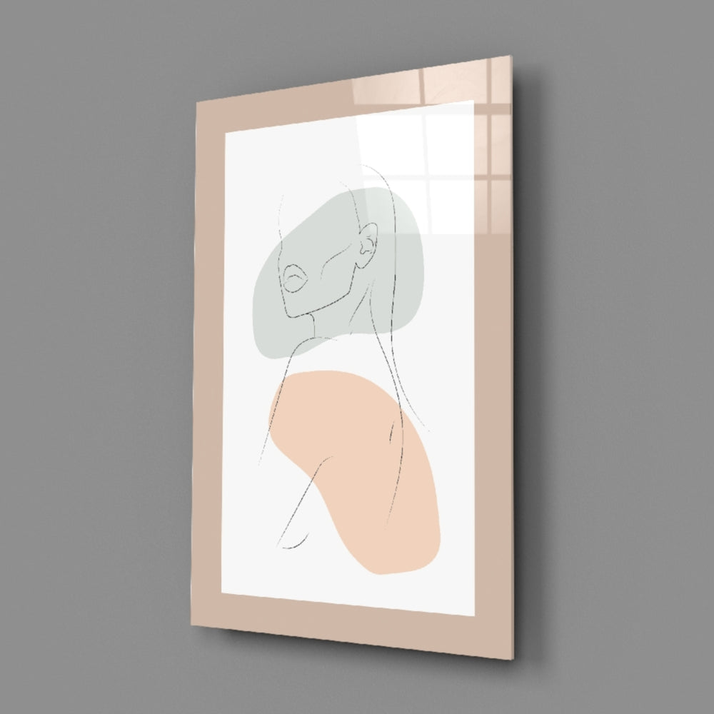 Sage Line Portrait glass wall art styled above a credenza in a hallway
