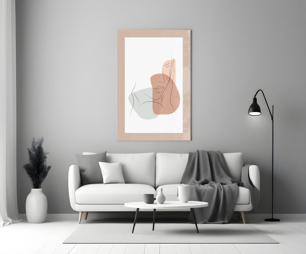 Couple Line glass wall art styled above a console in a master bedroom