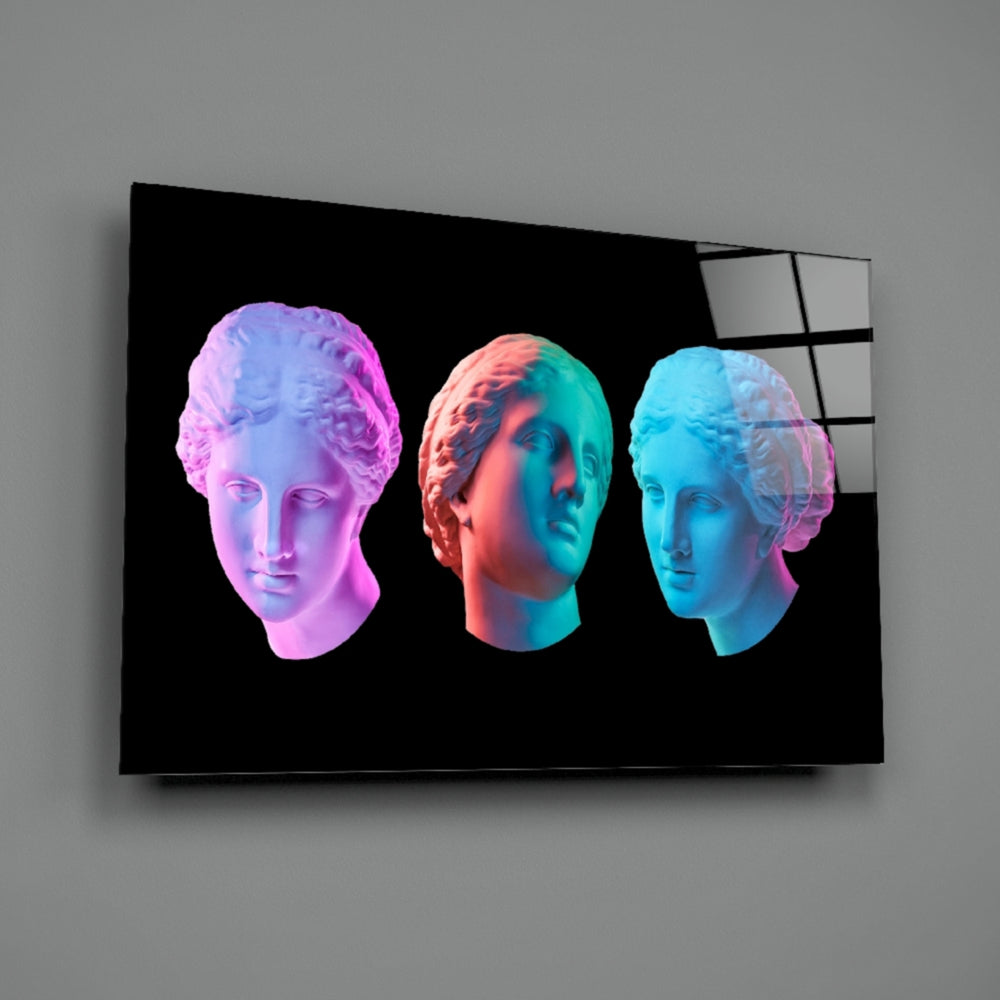 Vaporwave Trio close-up showing magenta, coral and cyan-tinted busts
