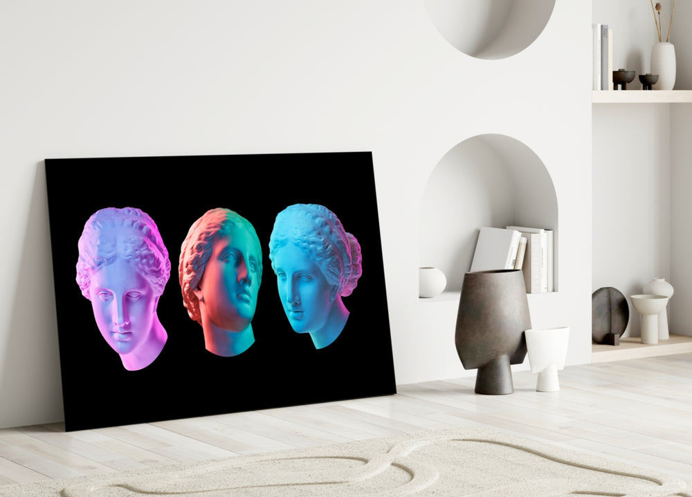 Vaporwave Trio glass wall art styled above a sofa in a creative office