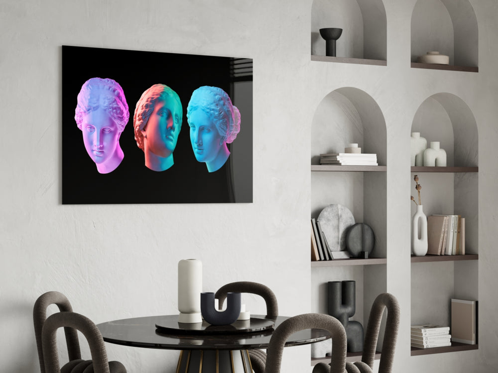 Vaporwave Trio glass print enhancing a living room with cinematic drama
