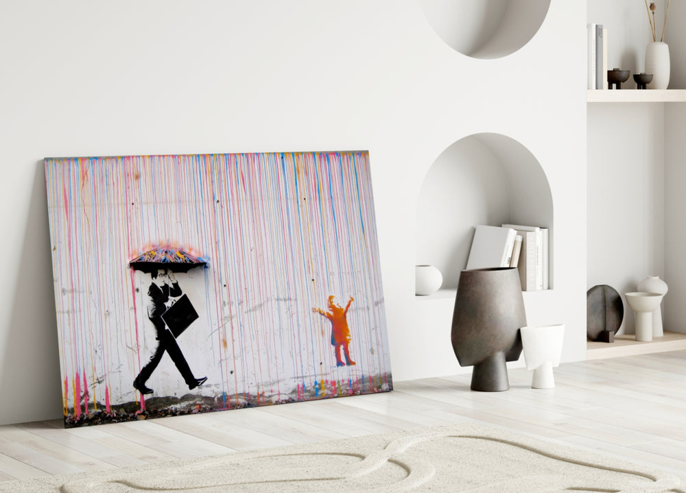 Color of Rain glass wall art styled above a credenza in a creative office