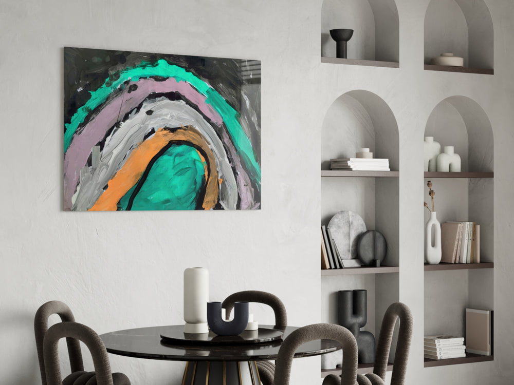 Selmin Arcs glass print enhancing a master bedroom with cinematic drama