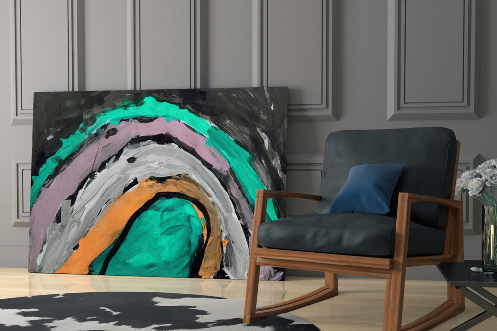 Selmin Arcs artwork anchoring a wall with bold expressionist palette