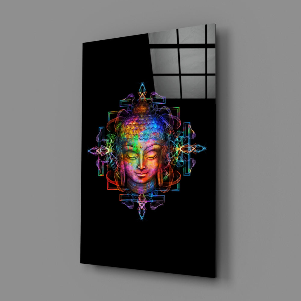 Neon Buddha close-up showing rainbow mandala outlining buddha contour